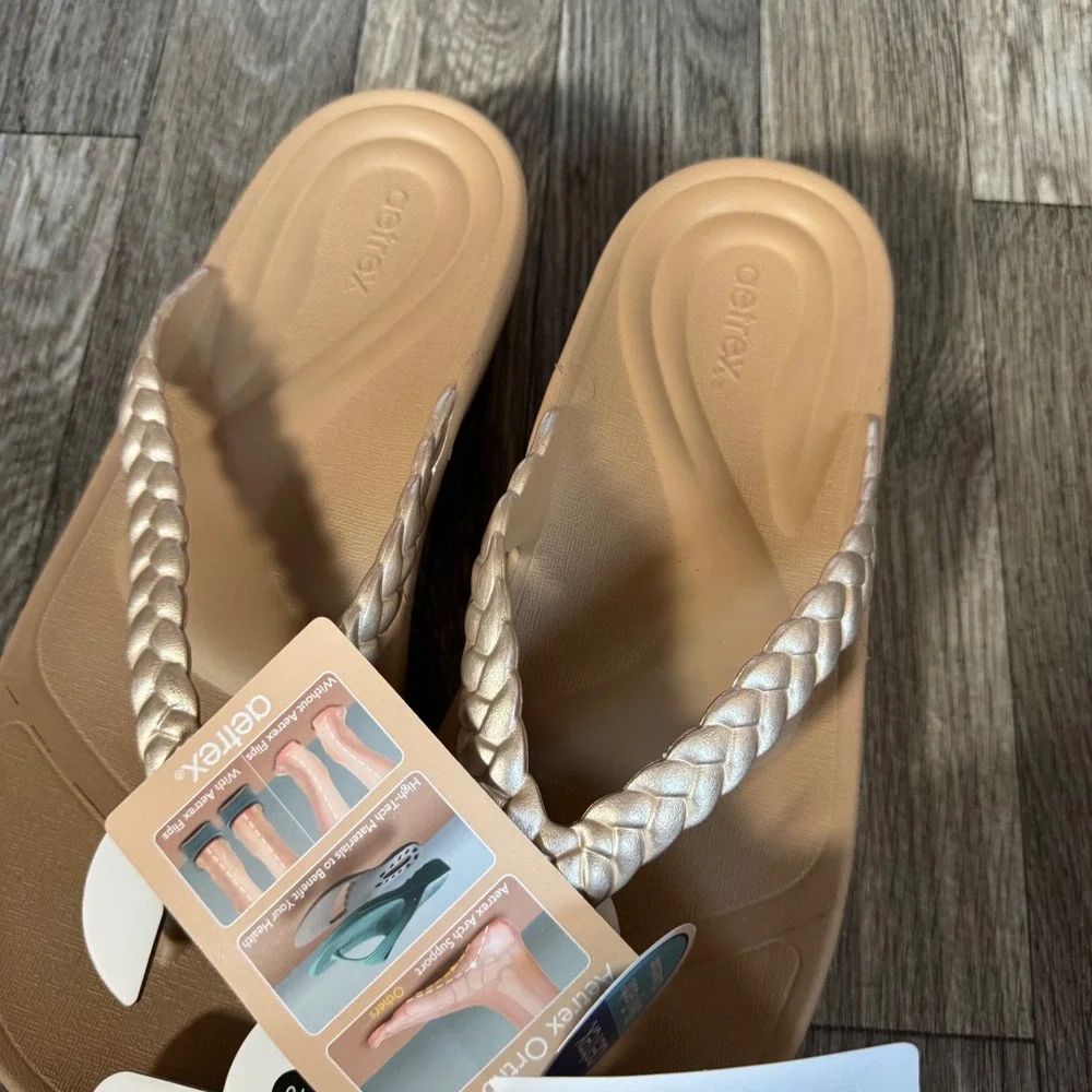 Aetrex Vicki Orthotic Flip Flops Womens 10 Champagne Gloss Braided Sandals NEW